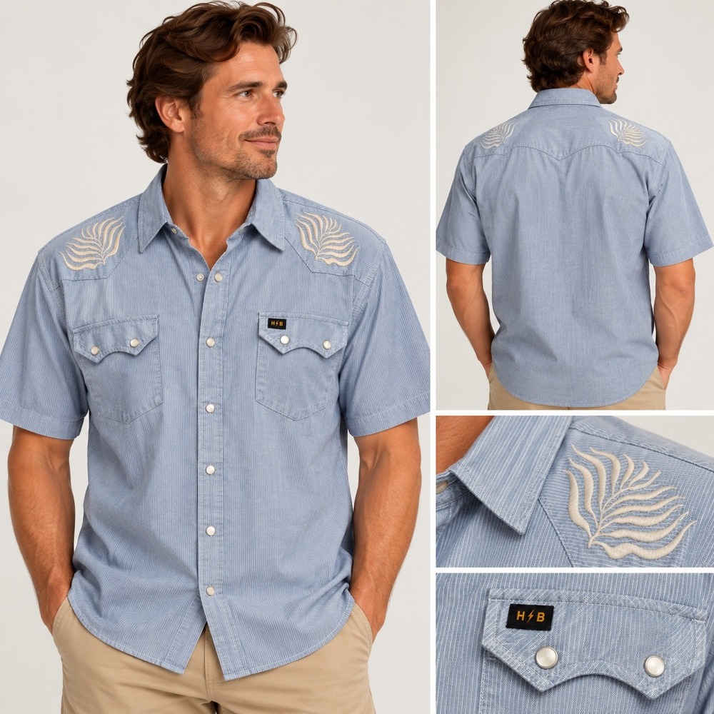 Howler Brothers Mens Large Blue Pearl Snap Embroidered Western Shirt SS